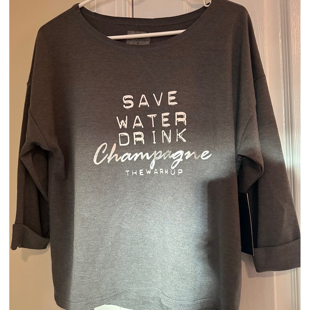 Jessica Simpson The Warm‎ Up Save Water Drink Champagne Sweatshirt Grey M NEW